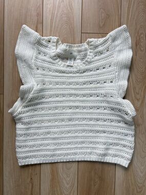 Crochet Knit Cropped Flutter Sleeve Ballet Cottage Coquette Sleeveless Top White